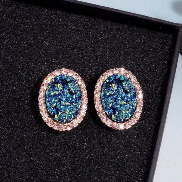 Round Stud Blue Multi Colored Stone with Halo - Picture 4 of 6